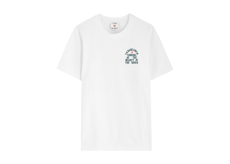 White Casablanca Beauty Of The World graphic t-shirt with text design