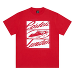 Corteiz Lundun Tee in red color displayed on a hanger