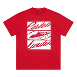 Corteiz Lundun Tee in red color displayed on a hanger