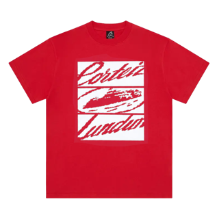 Corteiz Lundun Tee in red color displayed on a hanger
