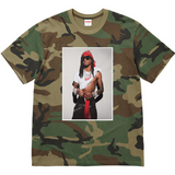 Supreme Playboi Carti Tee in woodland camo with graphic print of Playboi Carti on front