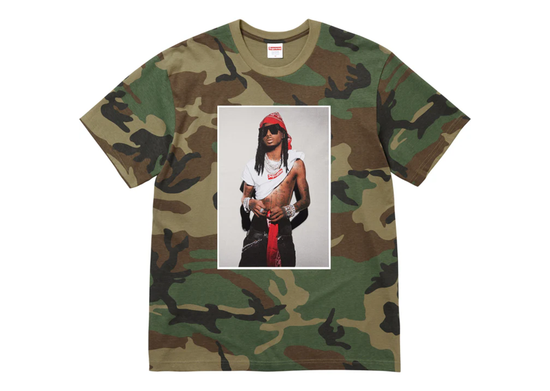 Supreme Playboi Carti Tee in woodland camo with graphic print of Playboi Carti on front