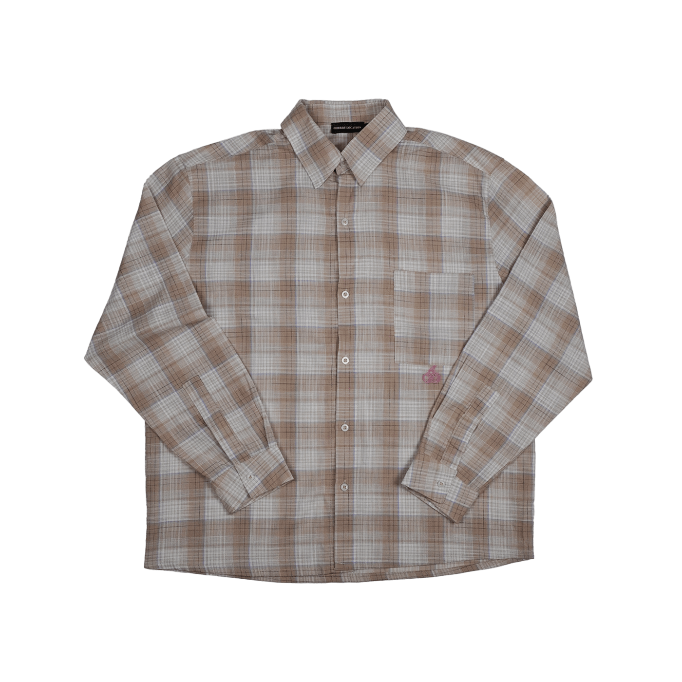 Cherry Location Beige Shirt with plaid pattern and long sleeves