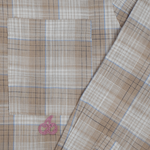 Close-up of Cherry Location Beige Shirt showing beige plaid fabric with blue and brown lines and a pink cherry logo on the pocket