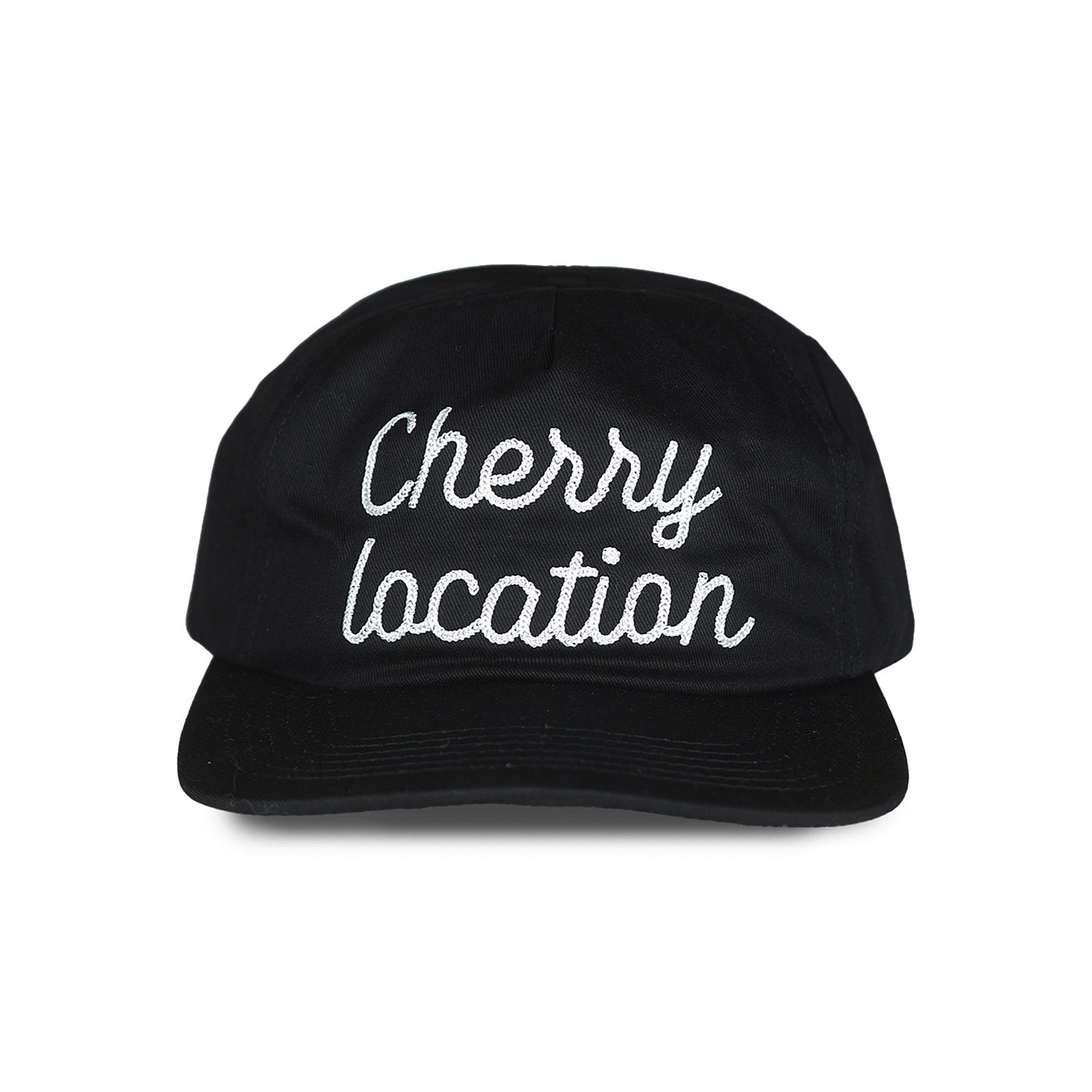 Black cap with white embroidered Cherry Location text front embroidered design