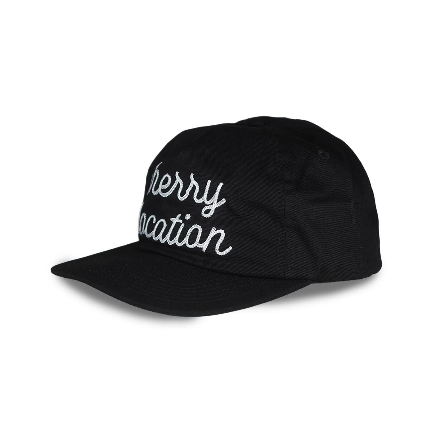 Cherry Location black cap with white embroidered text and curved brim