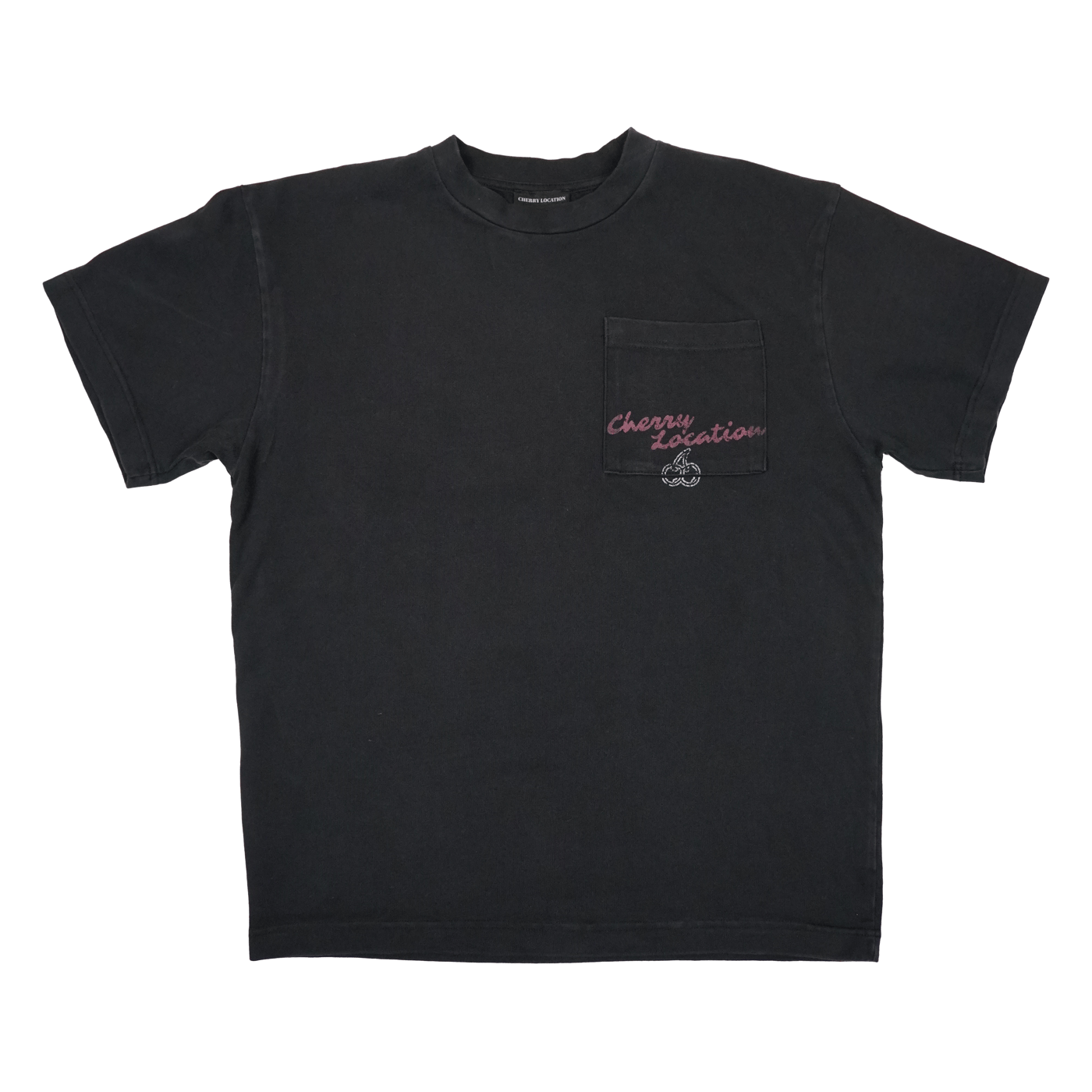 Cherry Location faded black T-shirt with chest pocket and printed logo design
