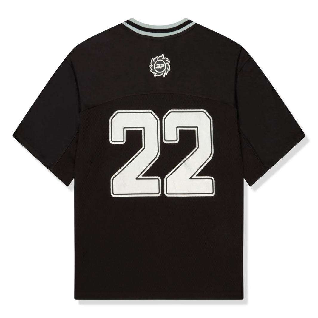 Broken Planet Market black and silver football jersey with number 22 on the back.