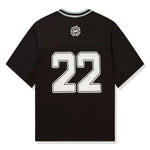 Broken Planet Market black and silver football jersey with number 22 on the back.