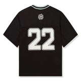 Broken Planet Market black and silver football jersey with number 22 on the back.