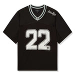 Broken Planet Market black and silver football jersey with number 22.