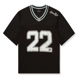 Broken Planet Market black and silver football jersey with number 22.