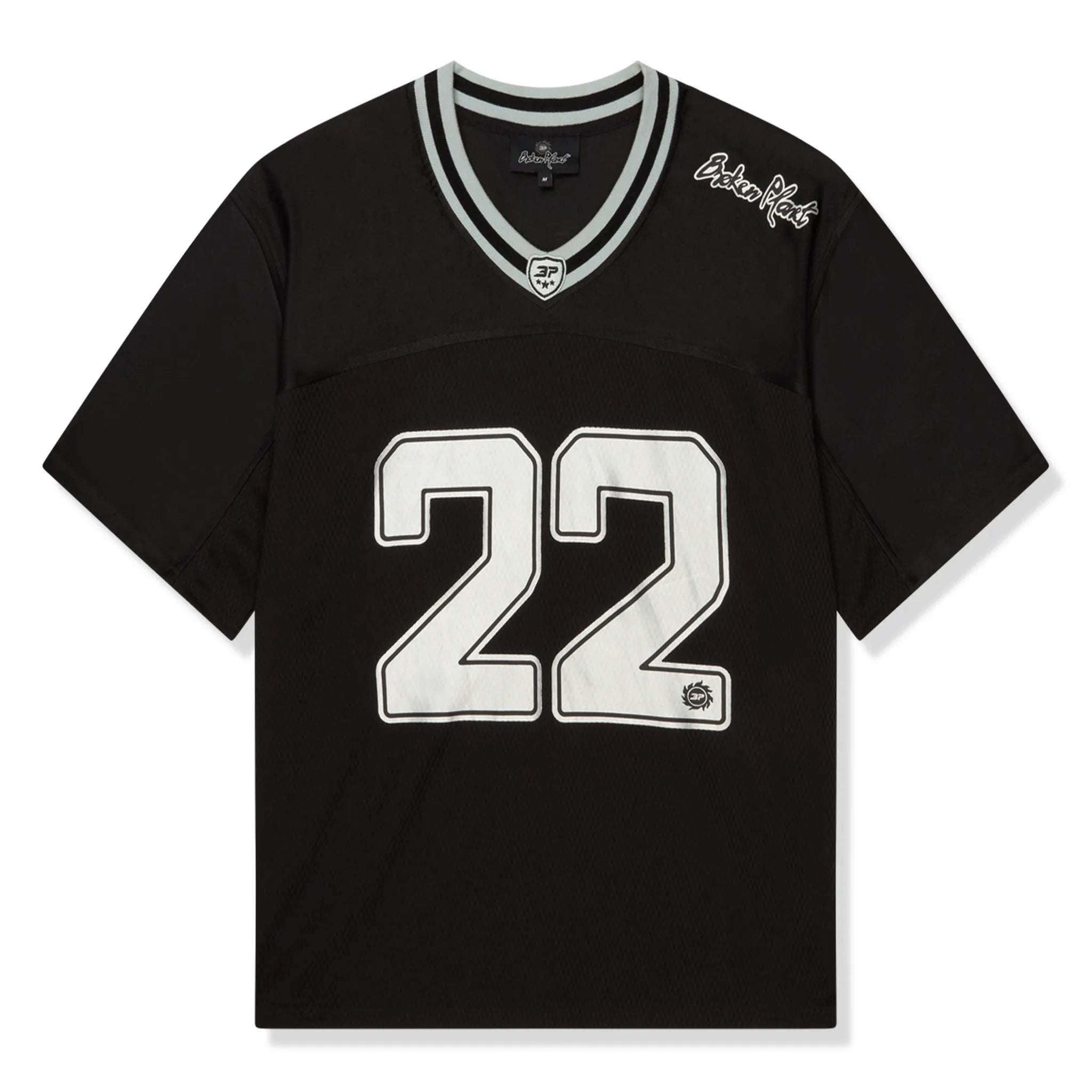 Broken Planet Market black and silver football jersey with number 22.