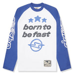 Broken Planet Born To Be Fast Long Sleeve T-Shirt with blue sleeves and white front.