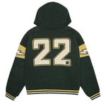 Emerald green Broken Planet varsity knit zip up hoodie with number 22 on back and lightning detail on sleeves