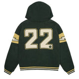 Emerald green Broken Planet varsity knit zip up hoodie with number 22 on back and lightning detail on sleeves