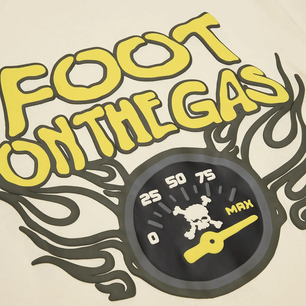 BROKEN PLANET MARKET Foot on the Gas T-shirt Vanilla White design.
