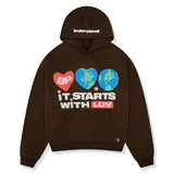 Mocha brown hoodie with "Broken Planet It Starts With Luv" design.