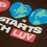 Broken Planet It Starts With Luv Mocha Brown Hoodie with colorful globe and text design.