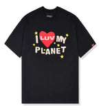 Broken Planet Luv My Planet Midnight Black T-Shirt with heart and star design.