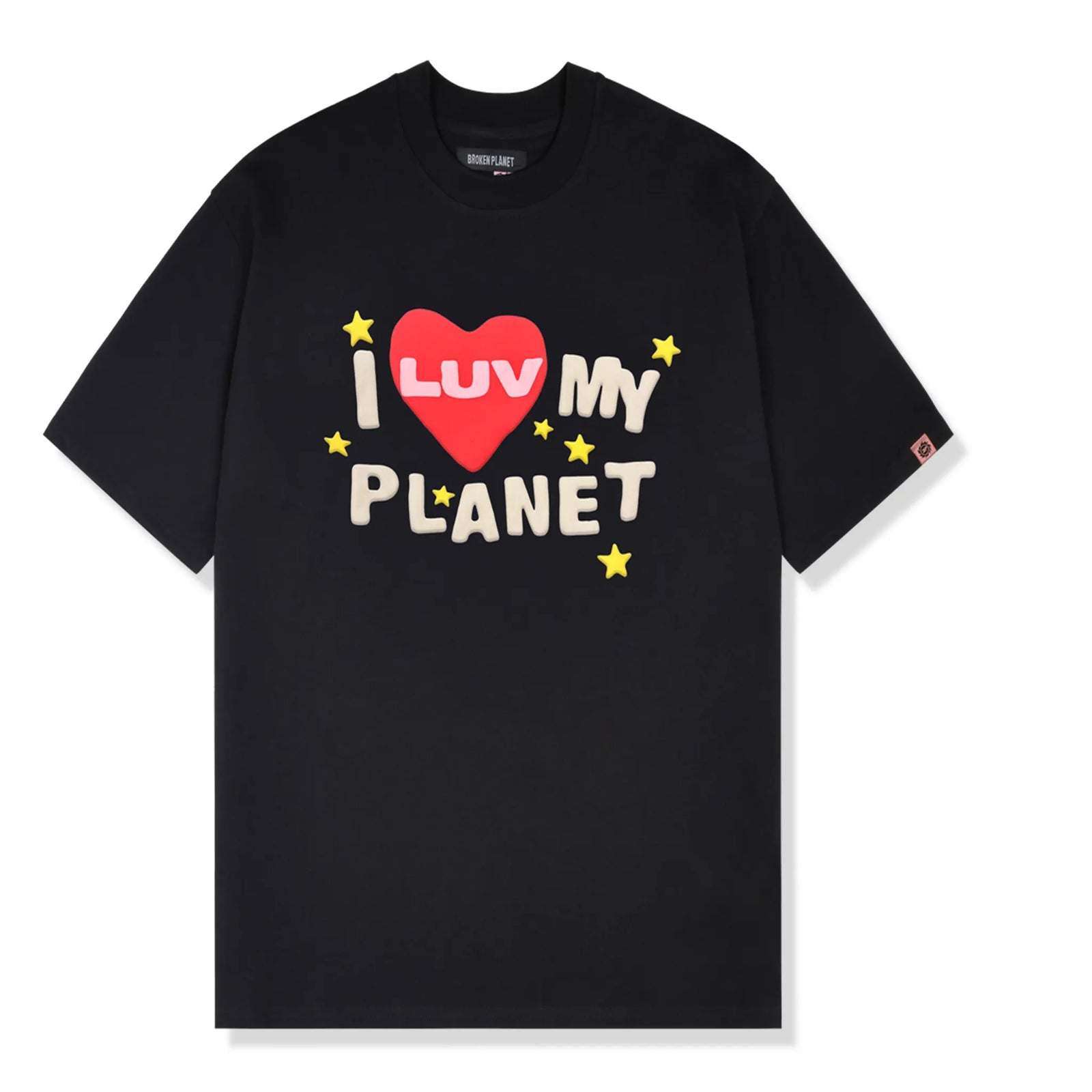 Broken Planet Luv My Planet Midnight Black T-Shirt with heart and star design.