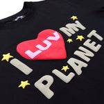 Broken Planet Luv My Planet Midnight Black T-Shirt with red heart and stars design.