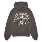 BROKEN PLANET Market Space Trails Hoodie in Beluga Gray with graphic design.