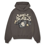 BROKEN PLANET Market Space Trails Hoodie in Beluga Gray with graphic design.