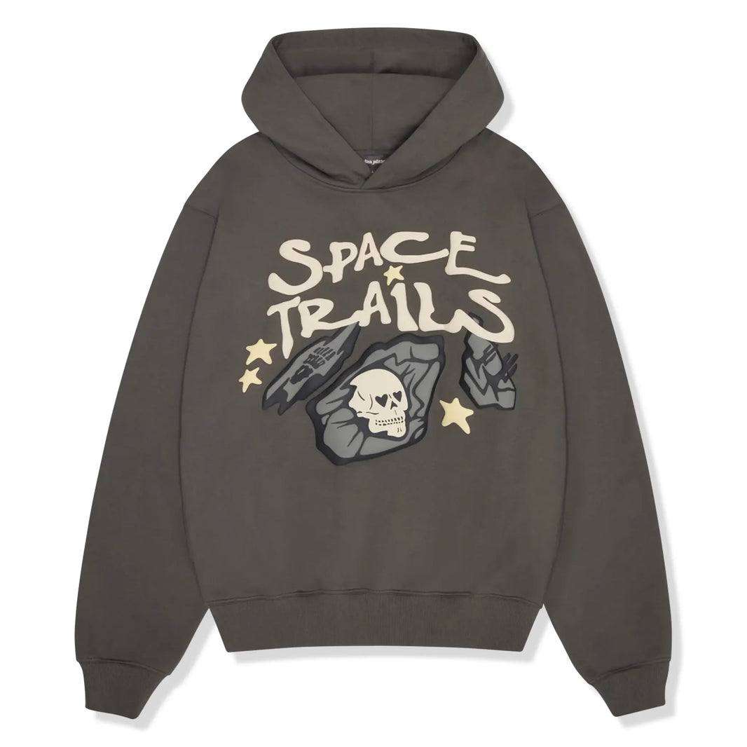 BROKEN PLANET Market Space Trails Hoodie in Beluga Gray with graphic design.