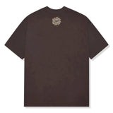 Mocha brown Broken Planet Space Trails t-shirt with cosmic graphic design, made of soft cotton for comfort.