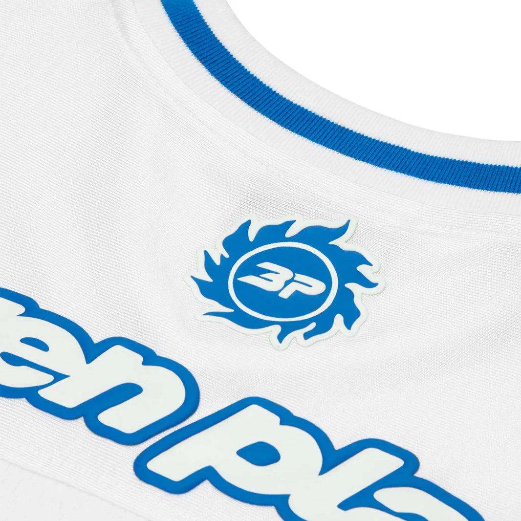BROKEN PLANET MARKET football jersey in white and blue.