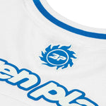 BROKEN PLANET MARKET football jersey in white and blue.