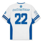 BROKEN PLANET MARKET Football Jersey in White and Blue with number 22 design.