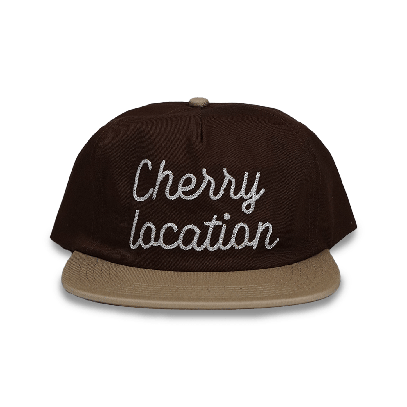 Brown Cherry Location cap with beige brim and embroidered text