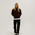 Cherry Location Brown Hoodie front view with hood up on plain background