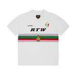 White Corteiz Serie A knit jersey with red and green stripes and embroidered patches