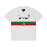 White Corteiz Serie A knit jersey with red and green stripes and embroidered patches