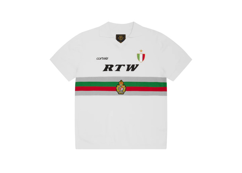 White Corteiz Serie A knit jersey with red and green stripes and embroidered patches