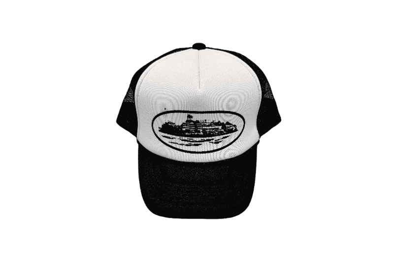 CORTEIZ Alcatraz black and white trucker hat.