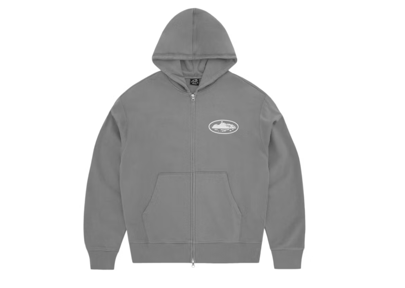 Corteiz Island Puff Print Zip Hoodie in gray with front design.