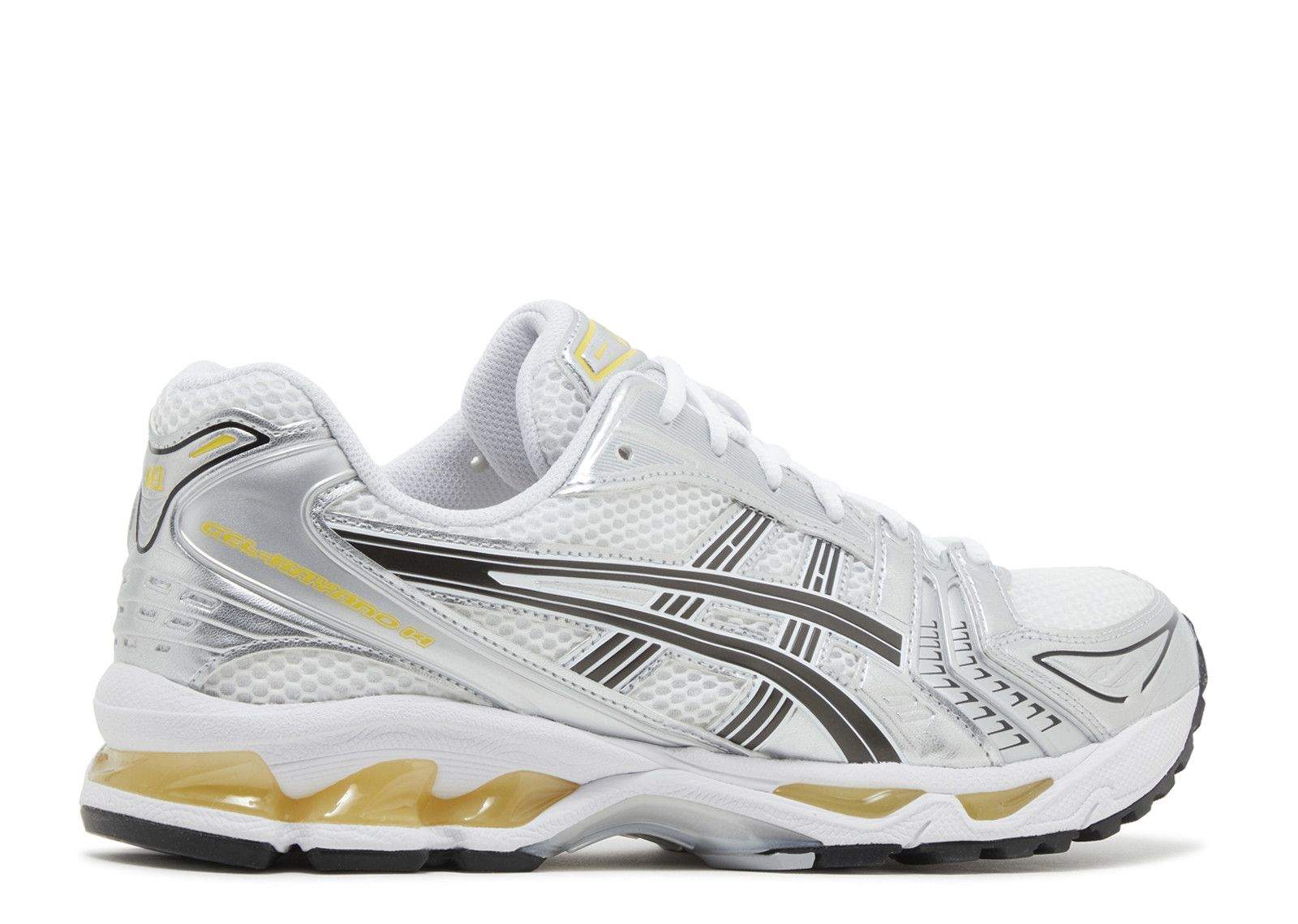 Gel Kayano 14 running shoe in white with Tai-Chi yellow accents