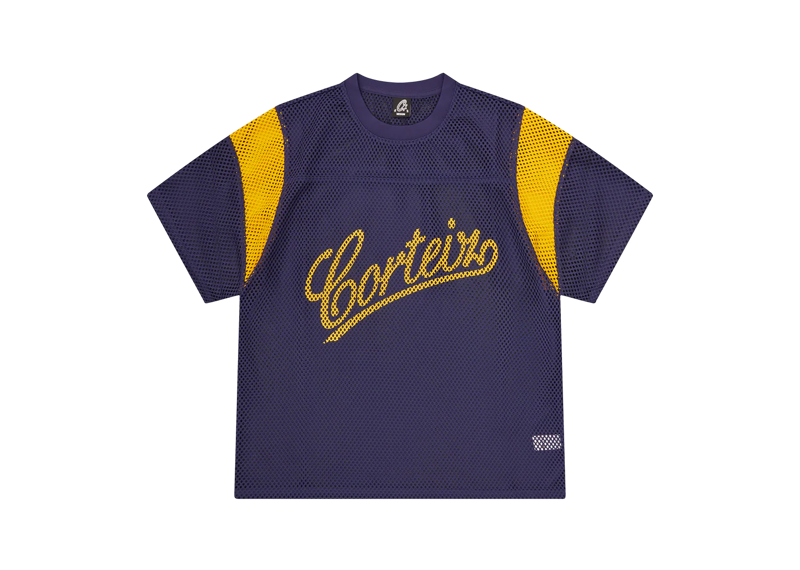 Corteiz Open Mesh navy and yellow panel jersey with bold logo text, breathable fabric.