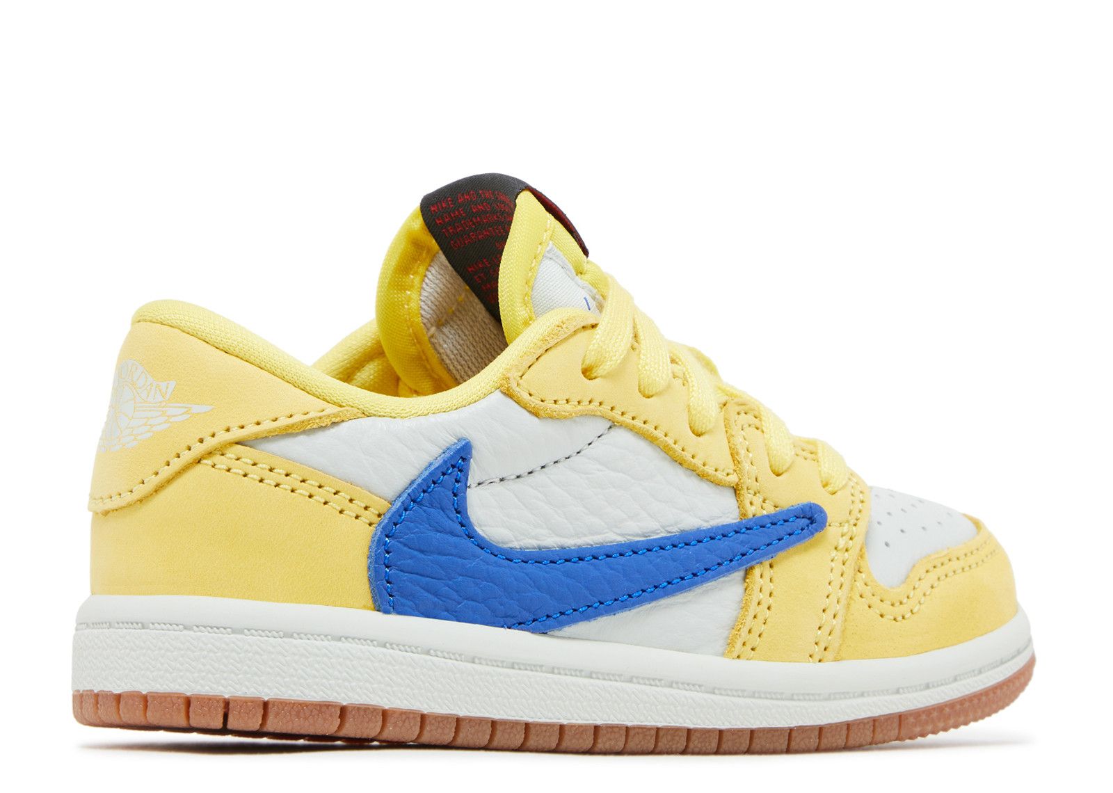 Travis Scott x Air Jordan 1 Retro Low OG SP TD Canary sneaker in yellow with blue swoosh and white sole