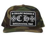 Chrome Hearts CH Hollywood Trucker Hat in camo green design