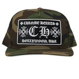 Chrome Hearts CH Hollywood Trucker Hat in camo green design