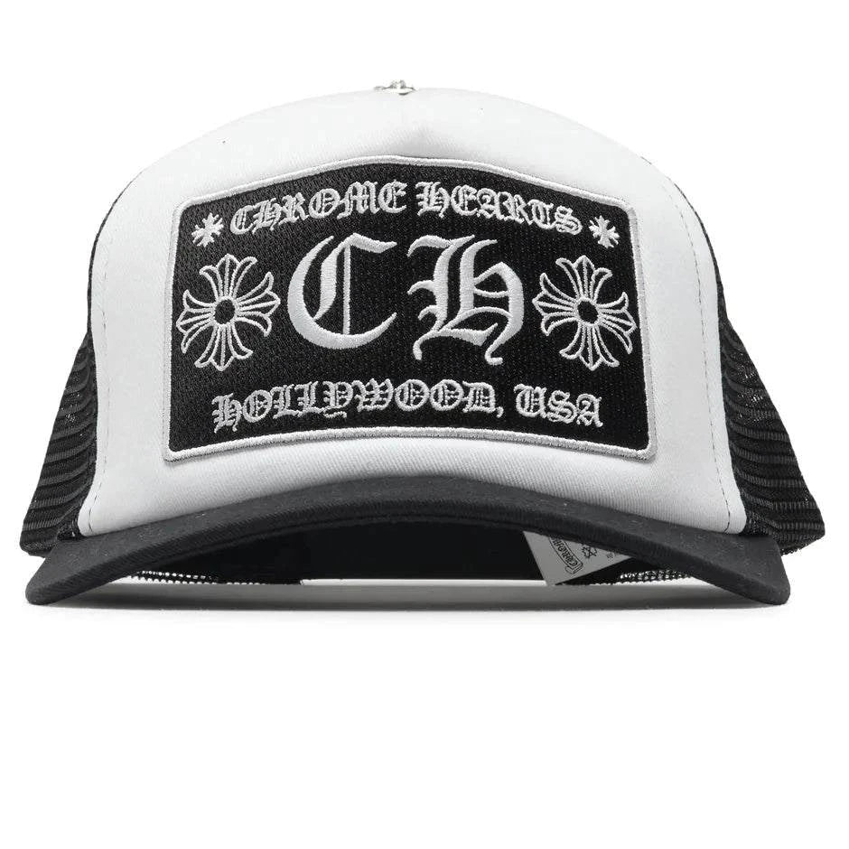 Chrome Hearts CH Hollywood white trucker hat front view