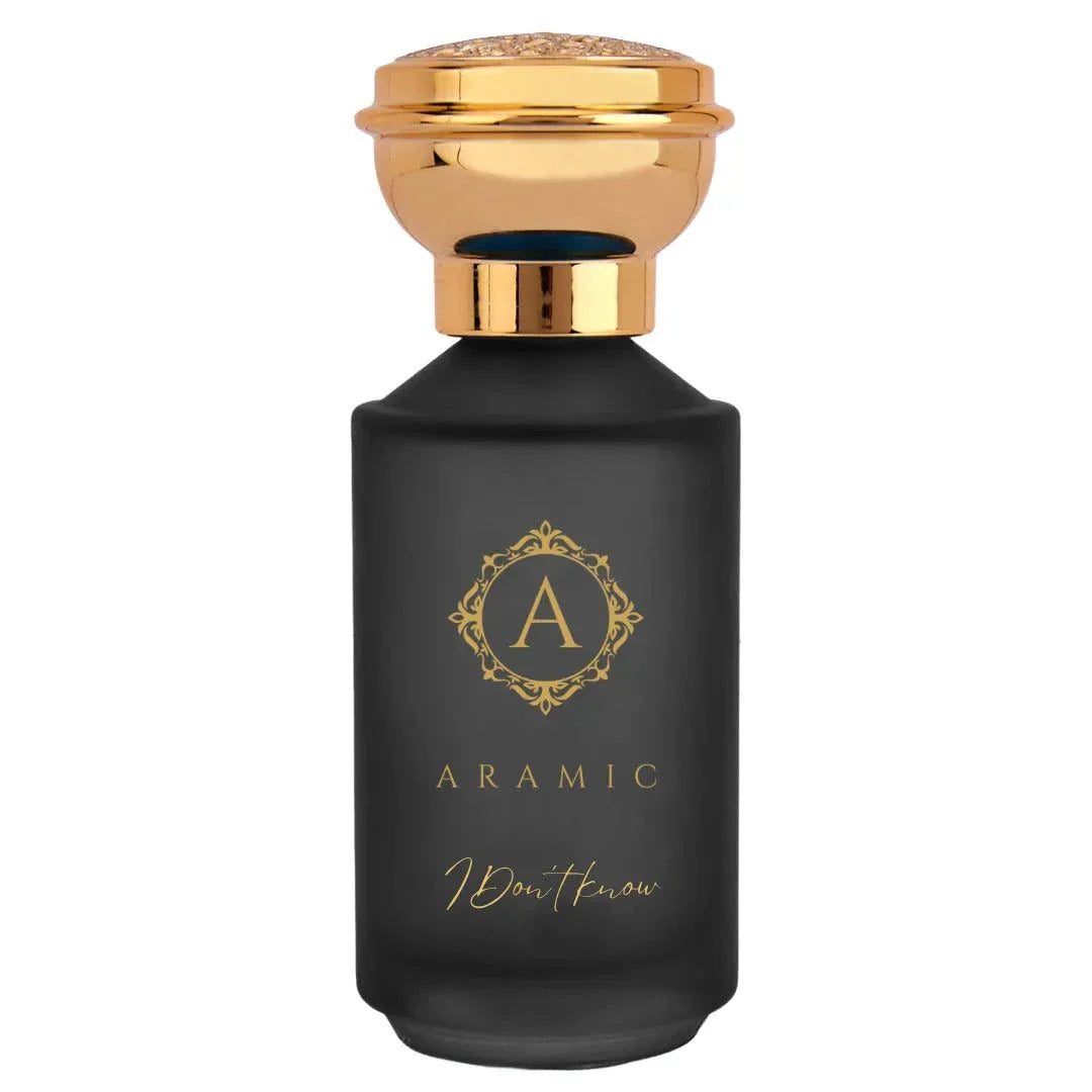 Aramic I Don’t Know fragrance black bottle with gold cap and elegant logo