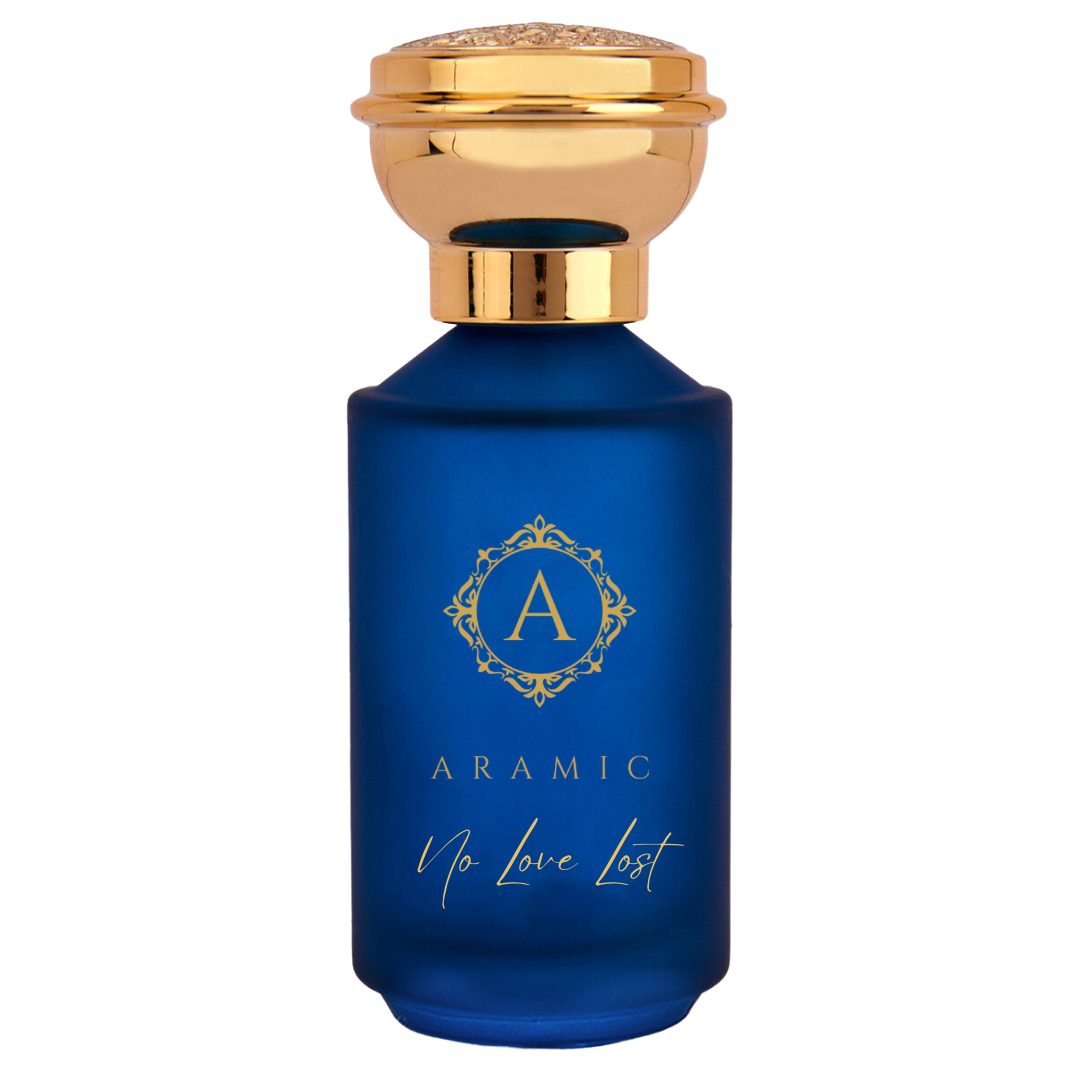 Aramic No Love Lost perfume bottle with blue frosted glass and gold cap, featuring passion fruit, oud, rose, and amber notes, 50ml Eau De Parfum