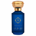 Aramic No Love Lost perfume bottle with blue frosted glass and gold cap, featuring passion fruit, oud, rose, and amber notes, 50ml Eau De Parfum