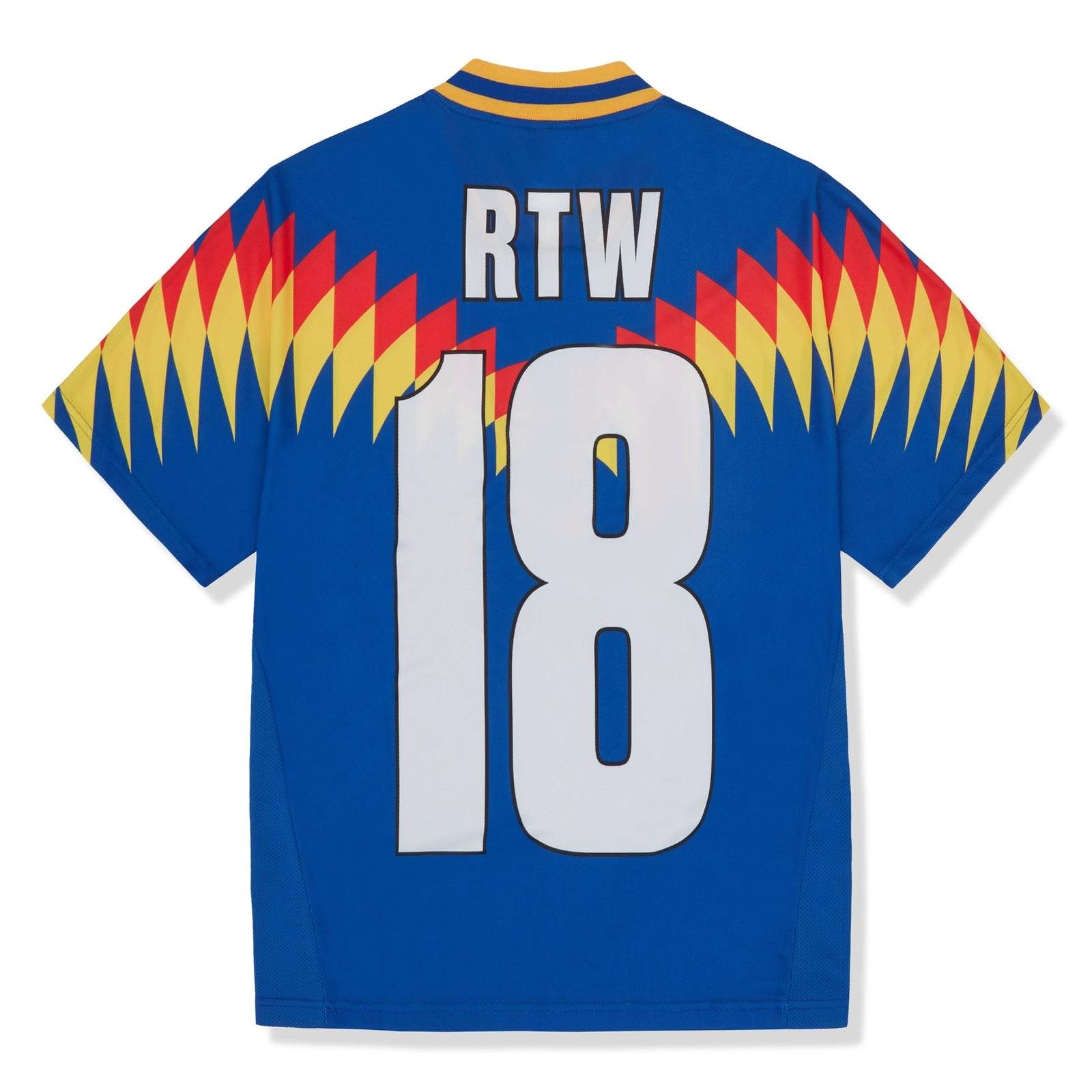 CORTEIZ BLUE football shirt with vibrant design and "RTW 18" on the back.